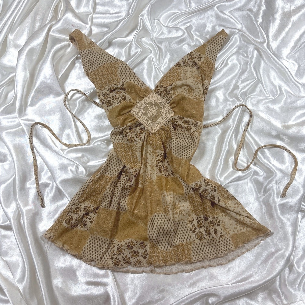 y2k Halter Top Camel Excellent No Boundaries Patchwork Floral Lace Medallion